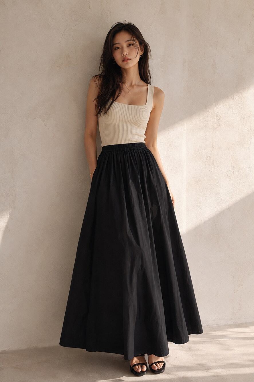 Quince Black Organic Cotton Poplin A-Line Maxi Skirt XS Minimalist Pockets Flowy